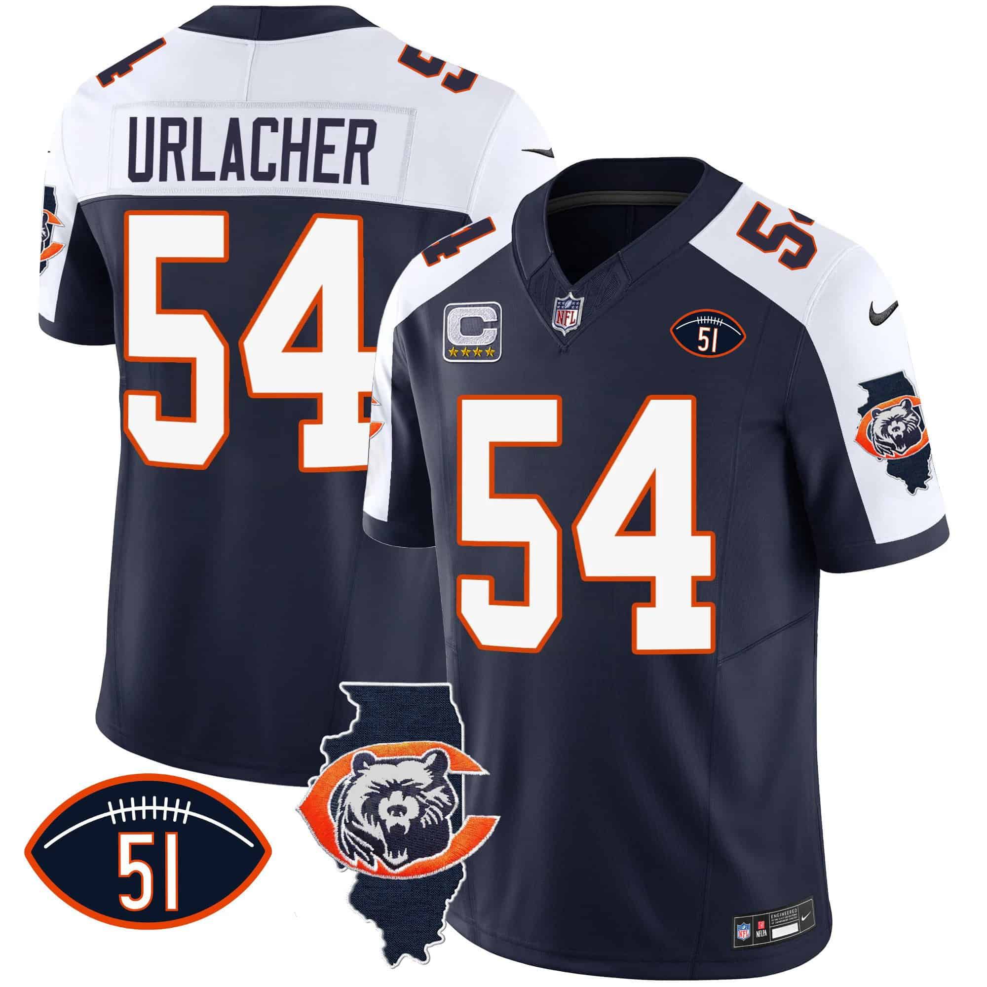 Men Chicago Bears #54 Urlacher Blue 2024 Nike Throwback Illinois Patch Vapor NFL Jersey